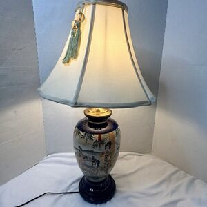 Vintage Asian Japanese Geisha Floral Wood Base Lamp Bell Tassel Shade MCM